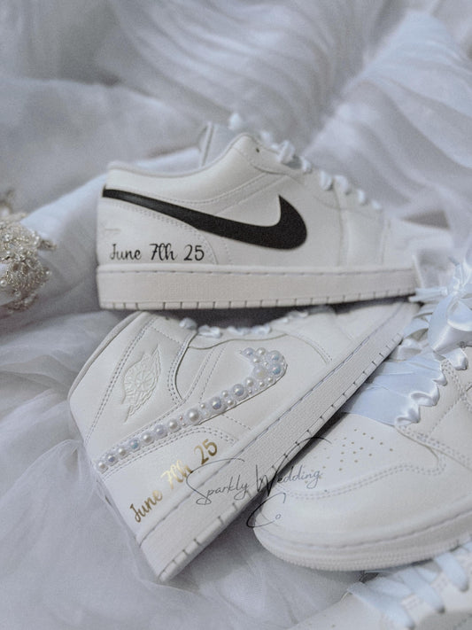 Side view of custom his and hers Air Jordan wedding sneakers for bride and groom