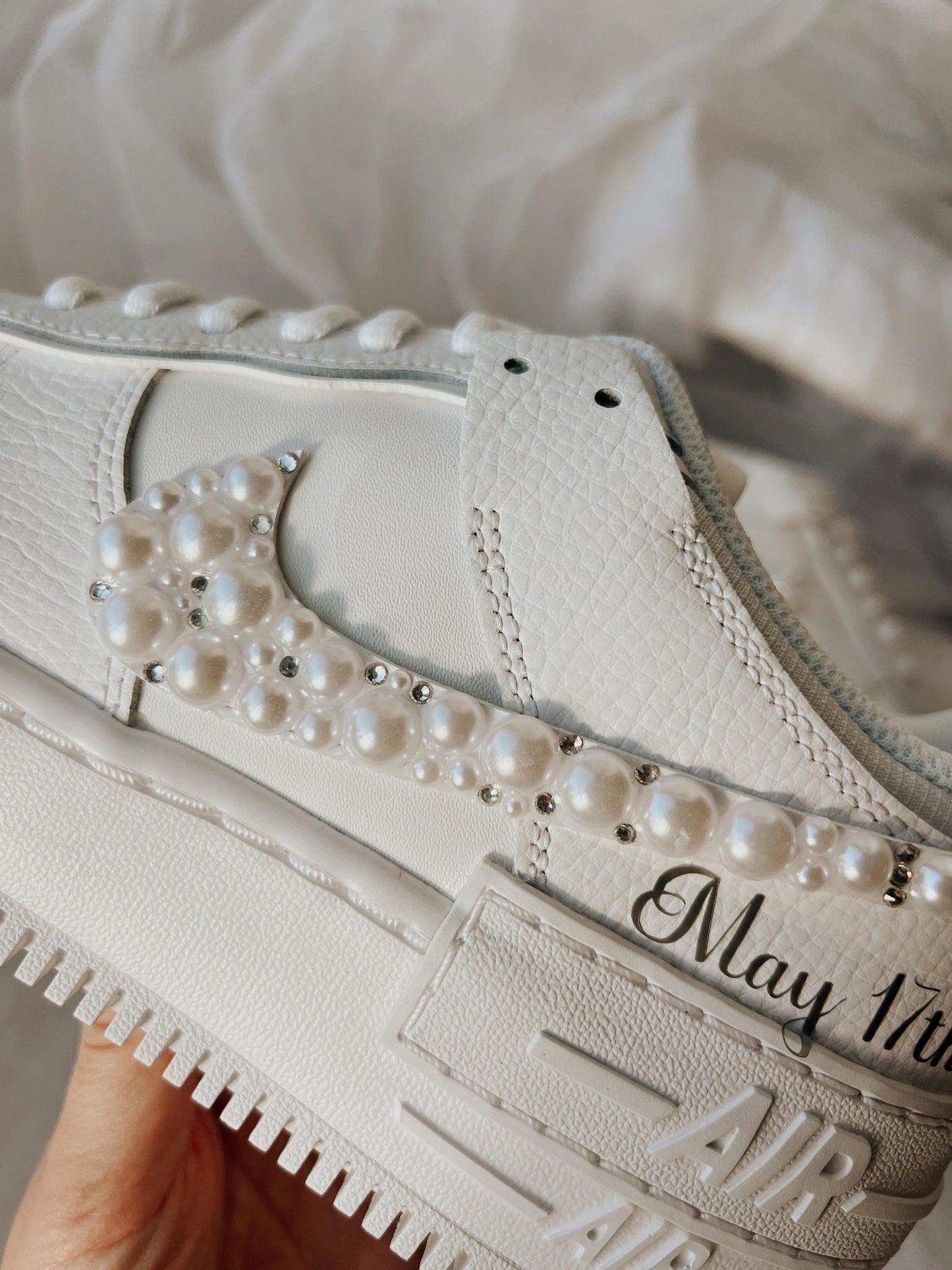 Custom Air Force Shadow-Style Wedding Sneakers with Pearls & Rhinestones