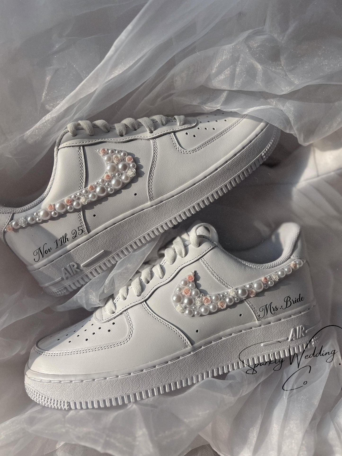 Air Force 1 Wedding Sneakers with Pearls & Pink Roses – Custom Bridal Shoes