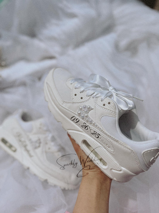 Nike Air Max 90 Bridal Sneakers – Custom Pearl Wedding Shoes