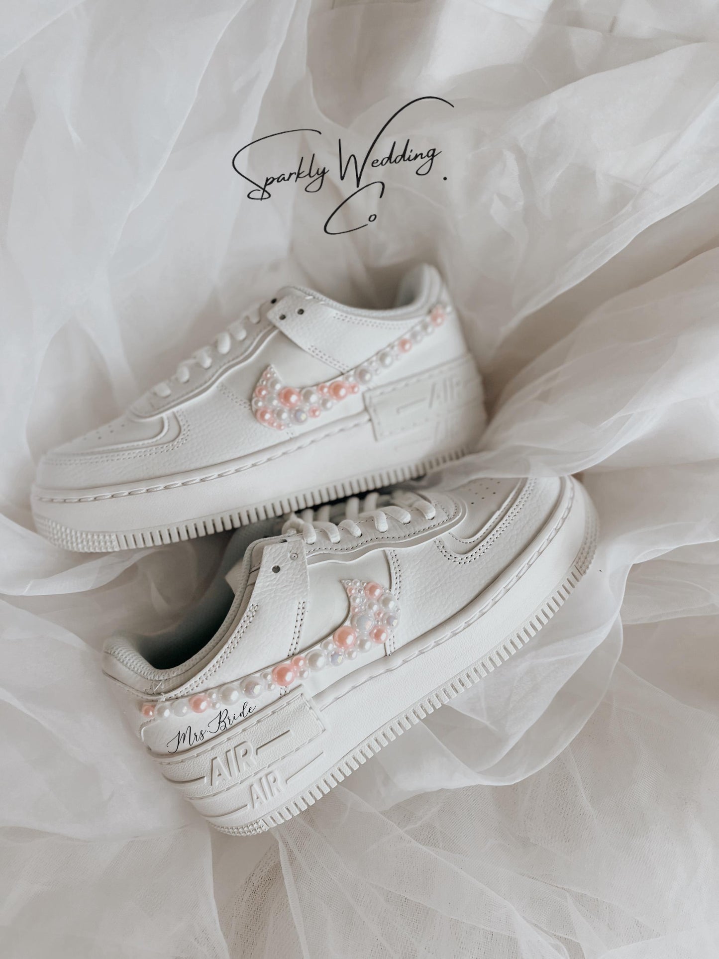 Custom Wedding Sneakers – Nike Air Force 1 Shadow Bridal Shoes with Pearls & Personalization