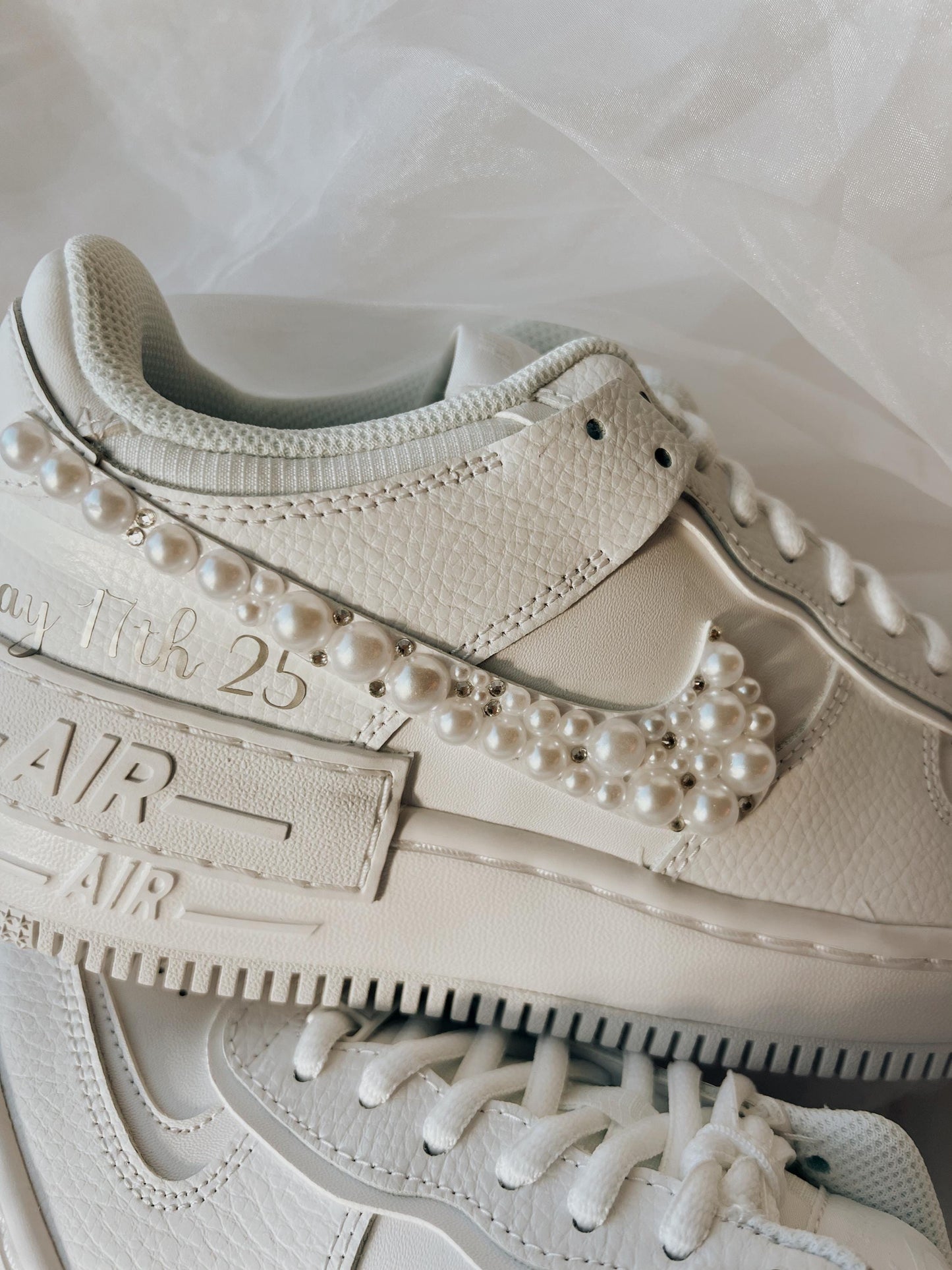 Custom Air Force Shadow-Style Wedding Sneakers with Pearls & Rhinestones