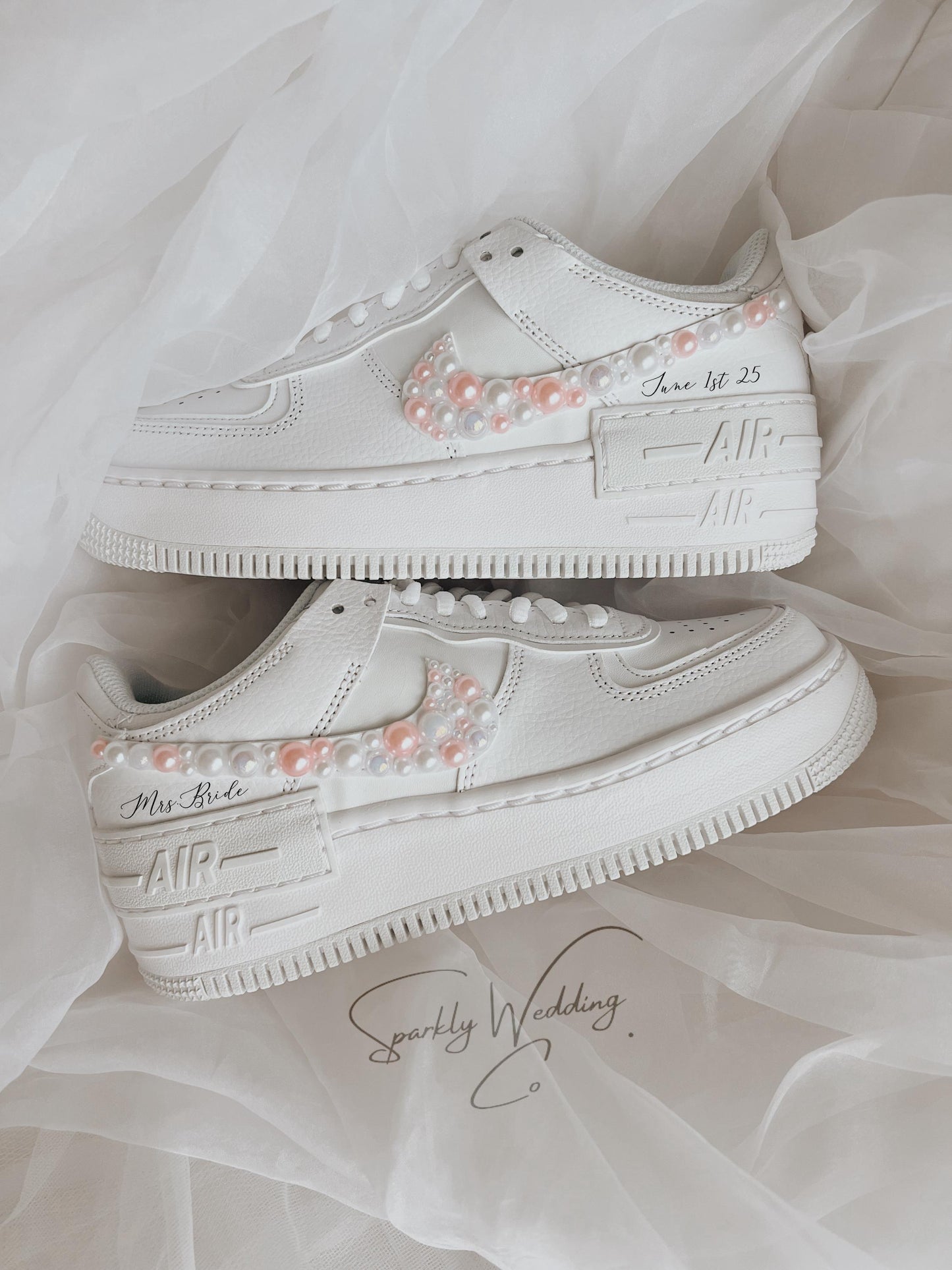 Custom Wedding Sneakers – Nike Air Force 1 Shadow Bridal Shoes with Pearls & Personalization