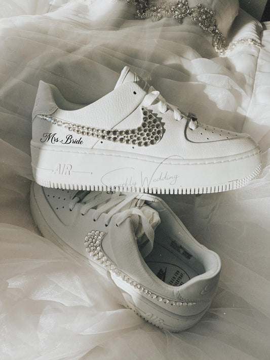 Air Force 1 Sage wedding sneakers with rhinestones on the outer swoosh, custom personalized bridal shoes for brides
