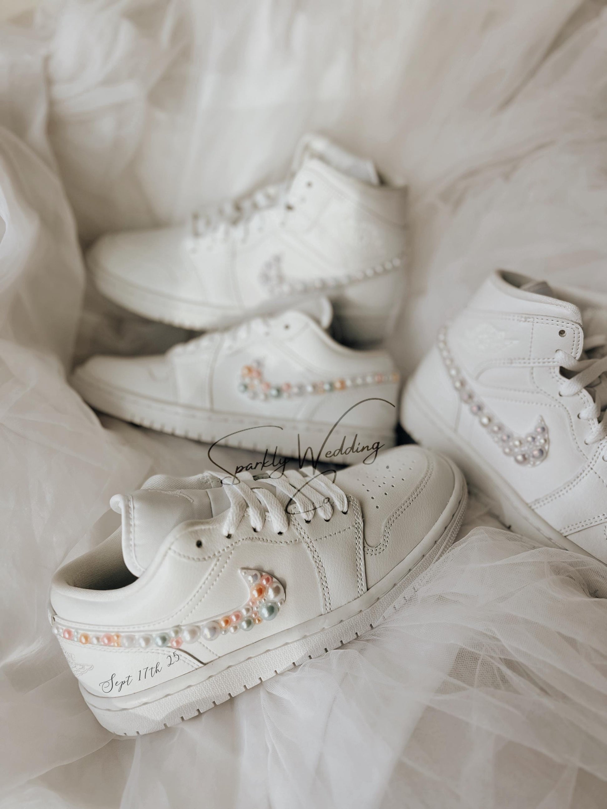 Personalized Air Jordan Low wedding sneakers customized with bride’s name and wedding date in elegant bridal lettering.