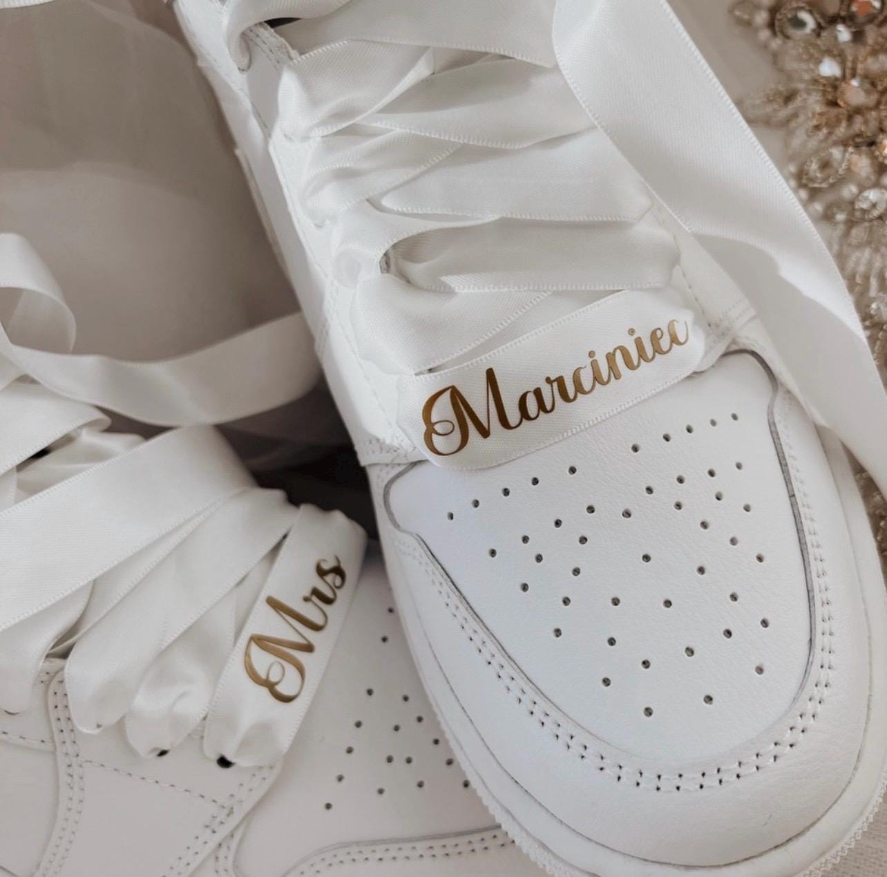 Custom lace accessory for bridal sneakers, designed to enhance wedding shoes with subtle detail and elegance.