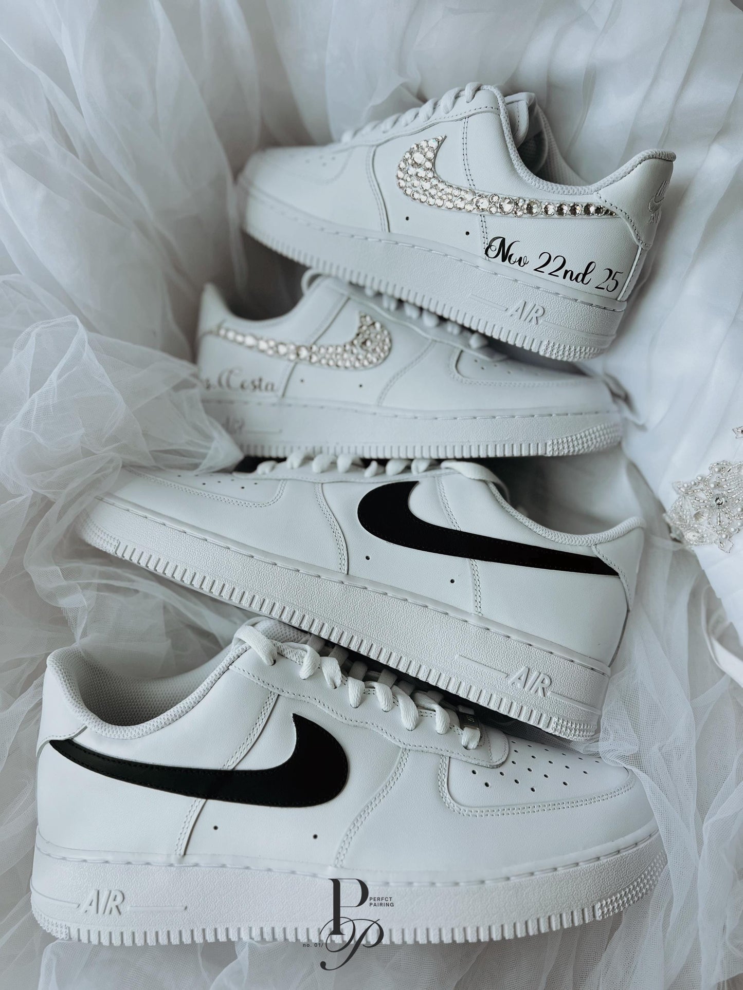 Custom wedding sneakers for bride and groom made from personalized Air Force 1s