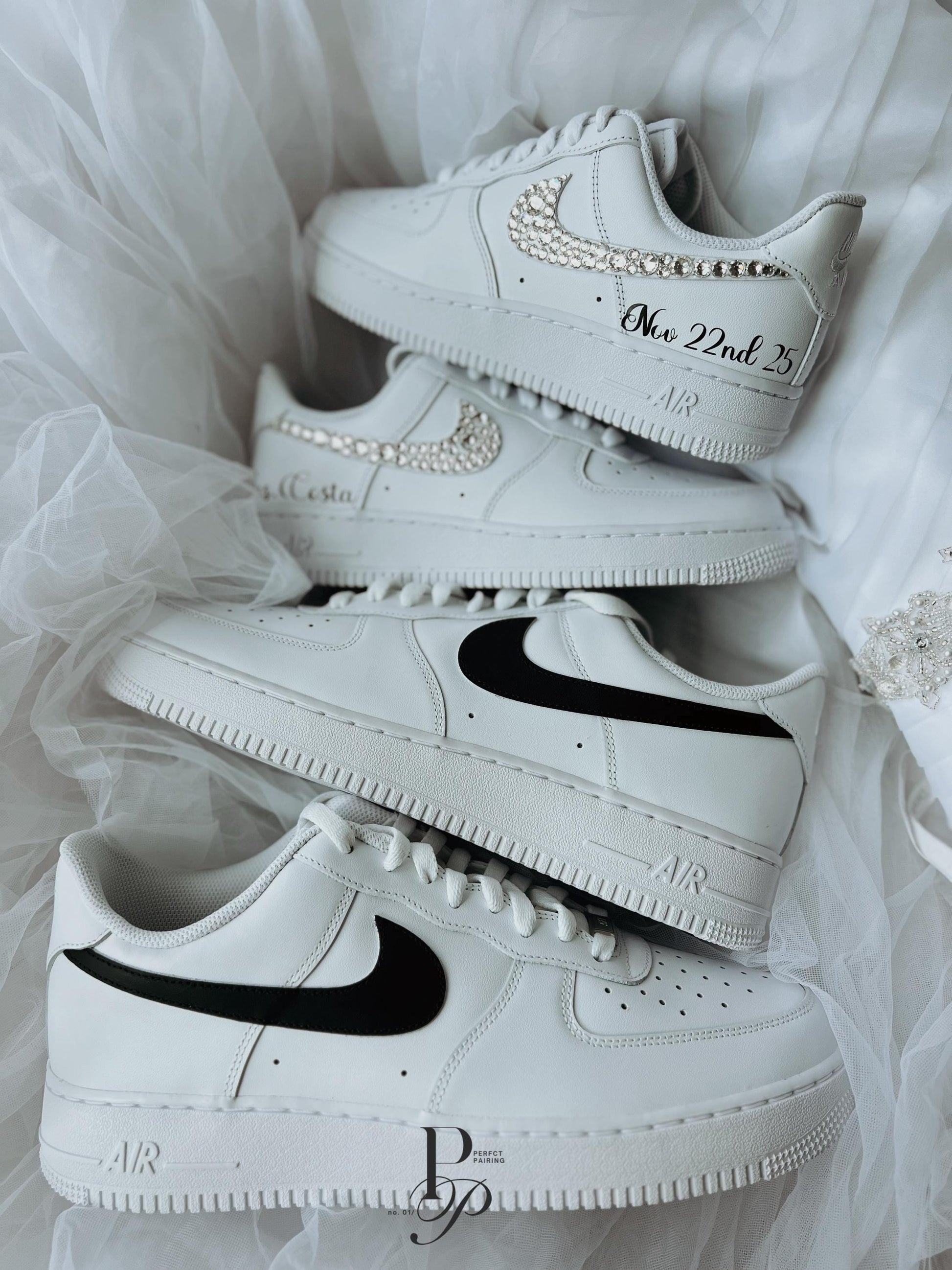 Custom wedding sneakers for bride and groom made from personalized Air Force 1s