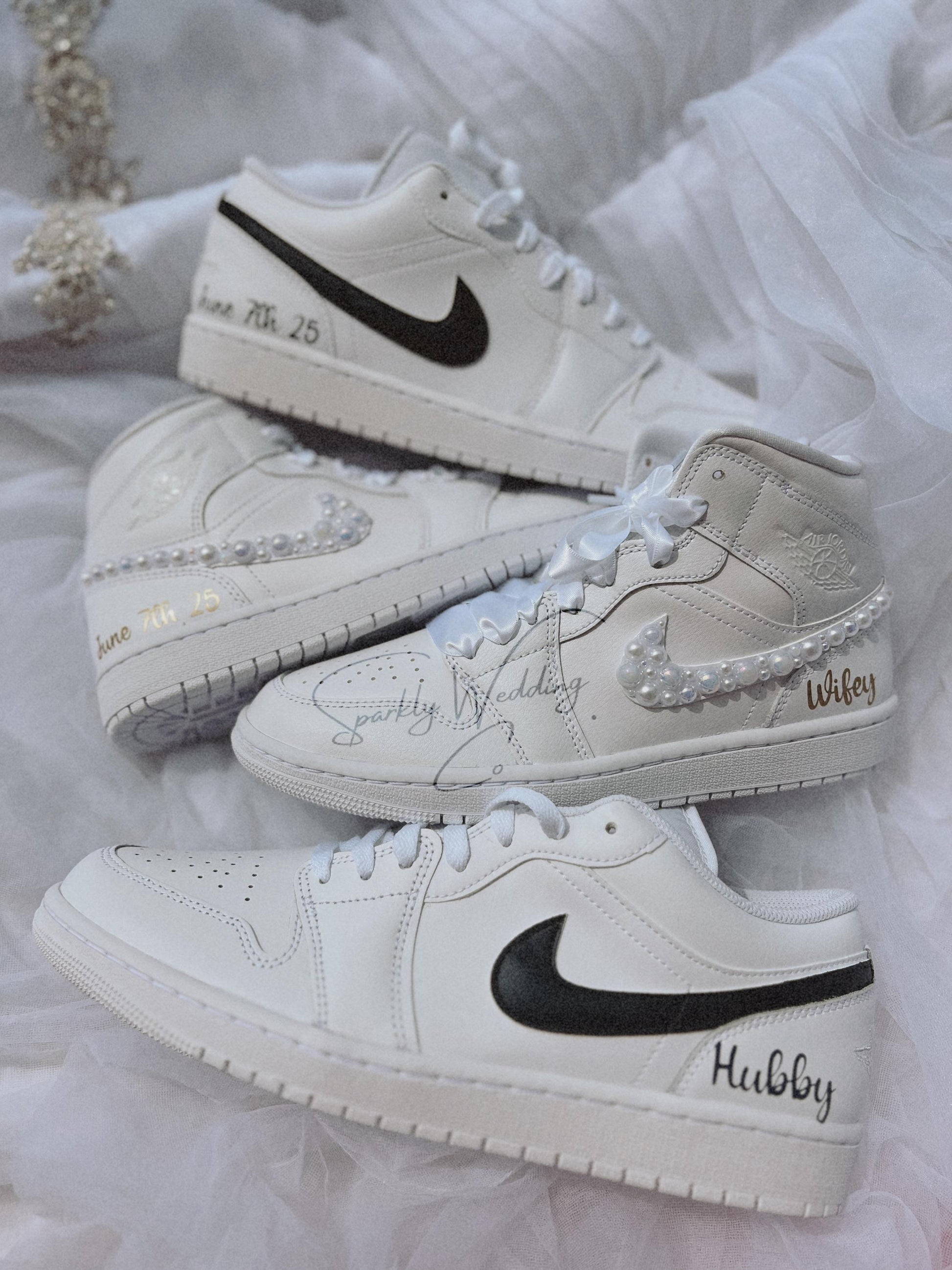 Personalized couples wedding sneakers set with bridal Air Jordan Mid and groom Air Jordan Low