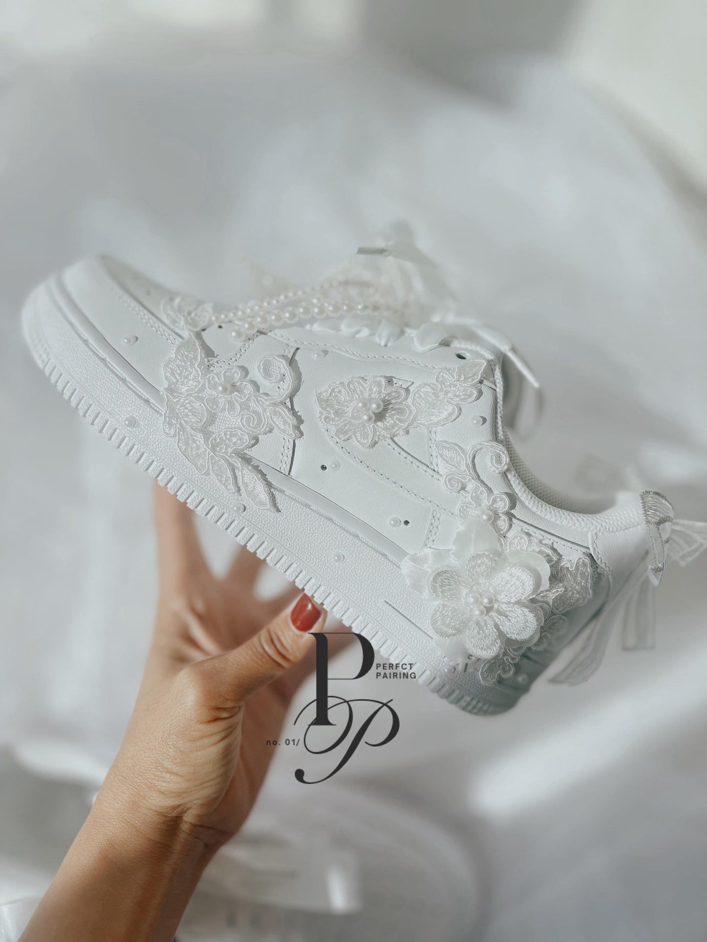 Personalized hand embroidered Nike Air Force wedding sneakers customized with initials or wedding date.