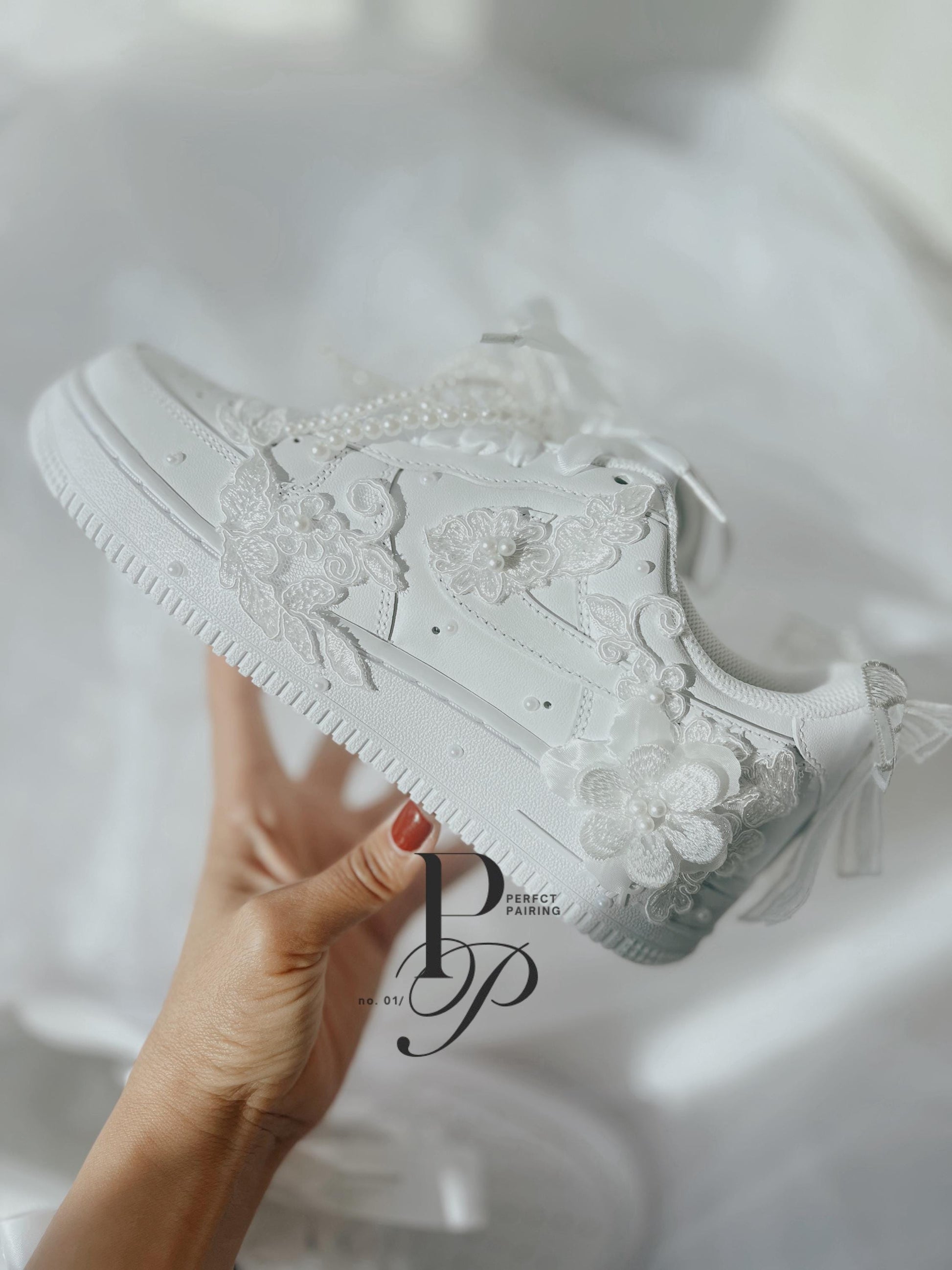 Personalized hand embroidered Nike Air Force wedding sneakers customized with initials or wedding date.