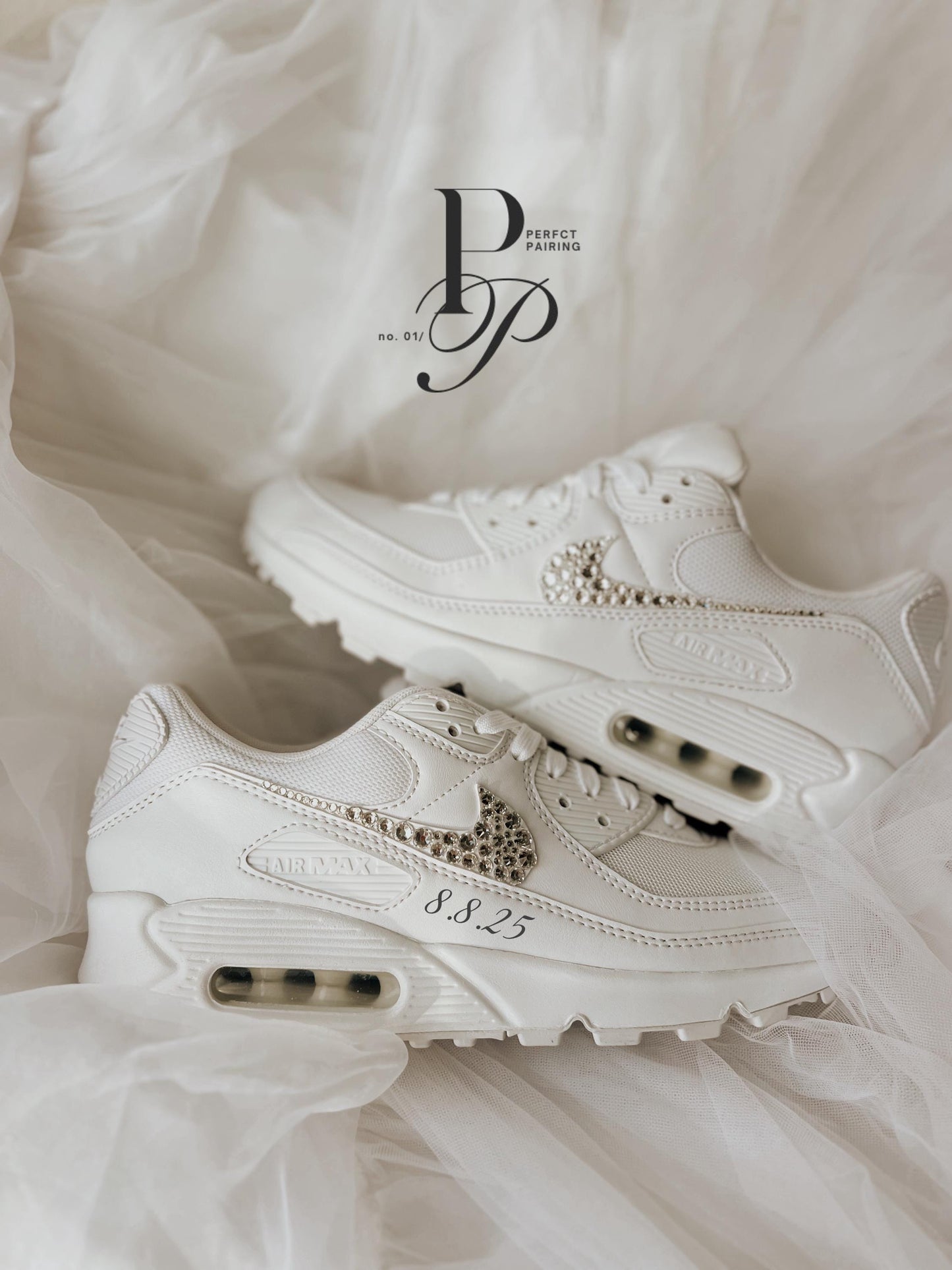 Close-up of hand-applied rhinestones on custom Air Max 90 wedding sneakers crafted for brides.
