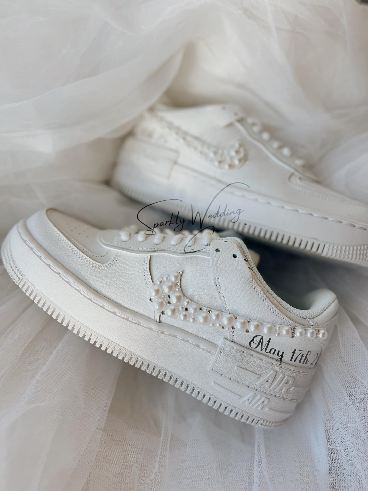 Custom Air Force Shadow-Style Wedding Sneakers with Pearls & Rhinestones