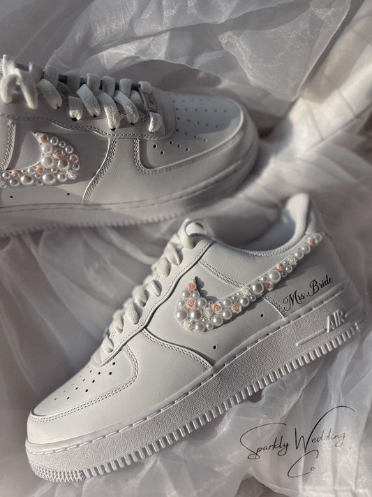 Air Force 1 Wedding Sneakers with Pearls & Pink Roses – Custom Bridal Shoes