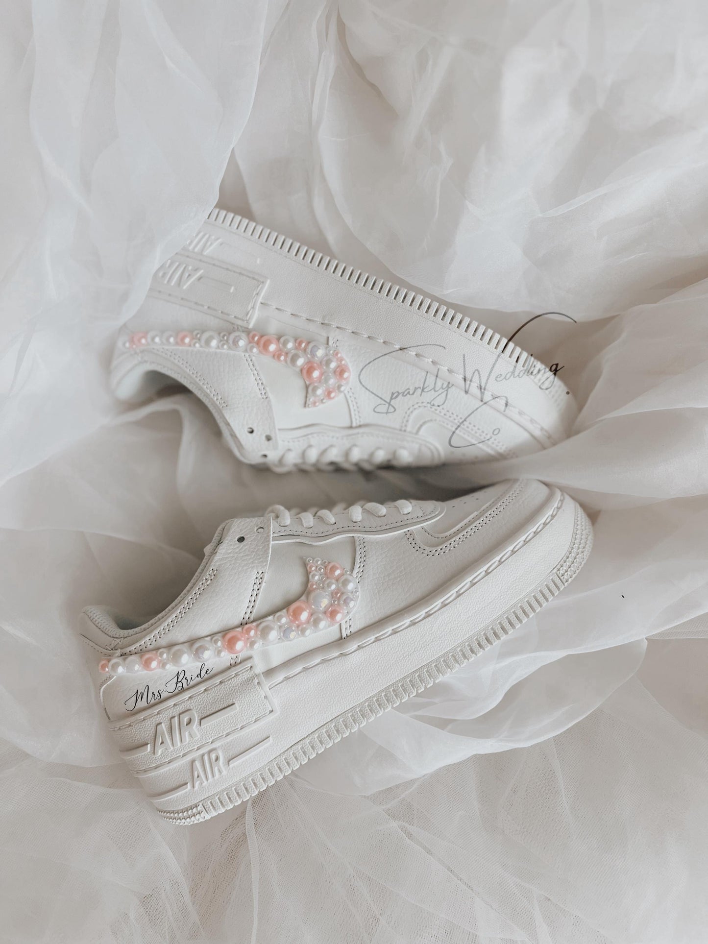 Custom Wedding Sneakers – Nike Air Force 1 Shadow Bridal Shoes with Pearls & Personalization