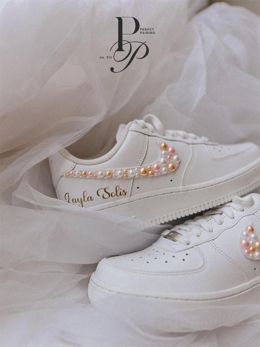 Sunset Wedding Pearl Sneakers, Personalized Bridal Nike AF1s, Pearl Shoes for Bride,