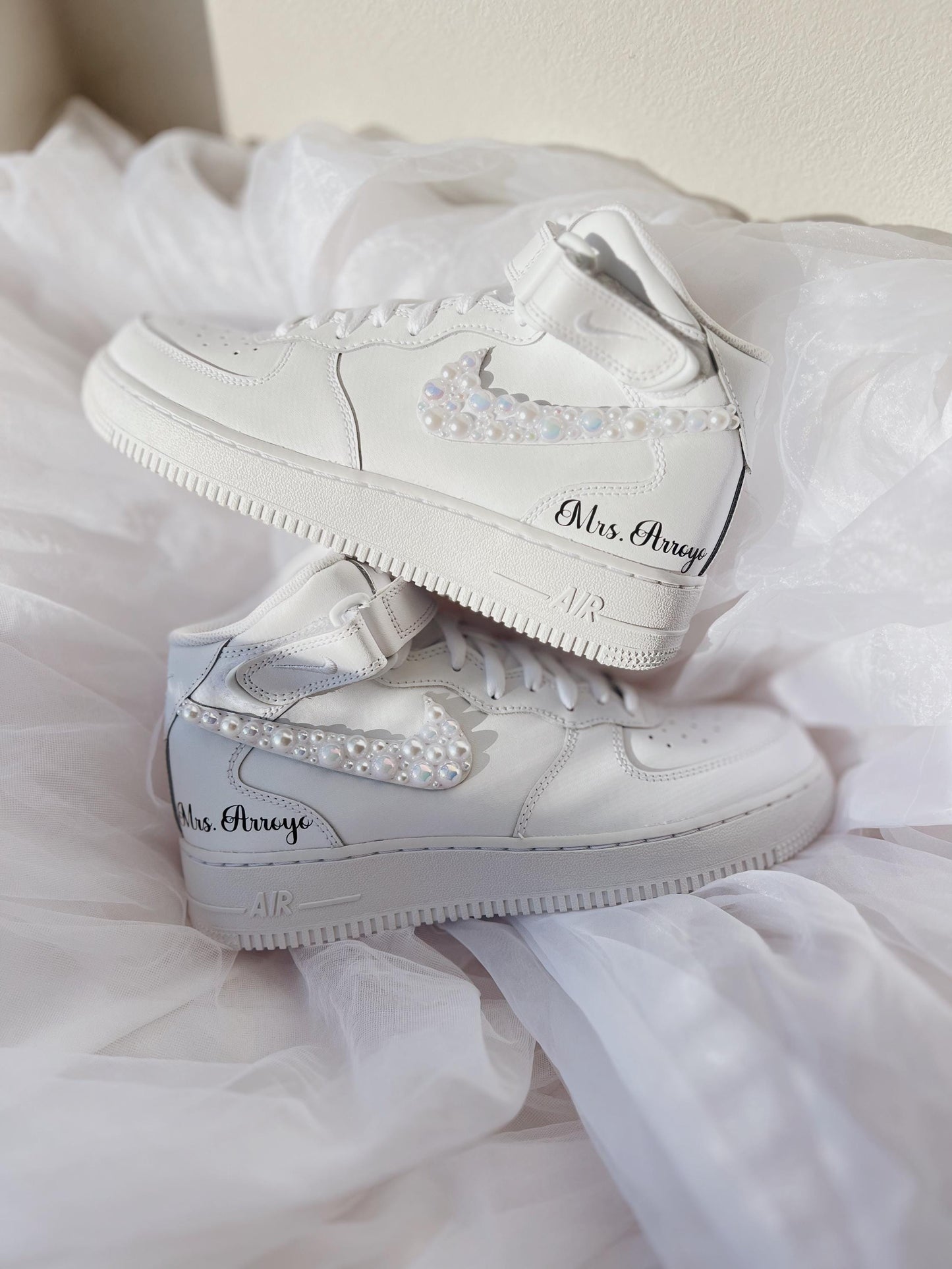 Custom Pearl Bridal Sneakers: Personalized Wedding Air Force Mids