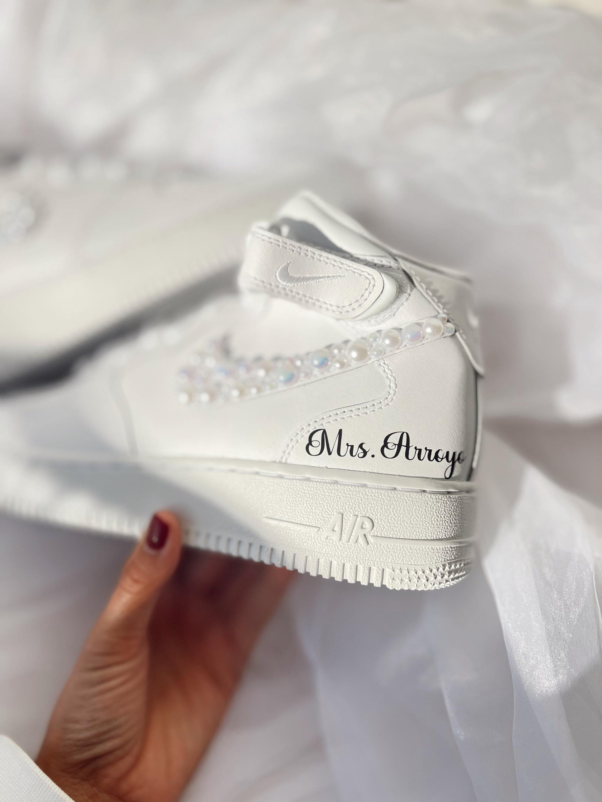 Custom Pearl Bridal Sneakers: Personalized Wedding Air Force Mids