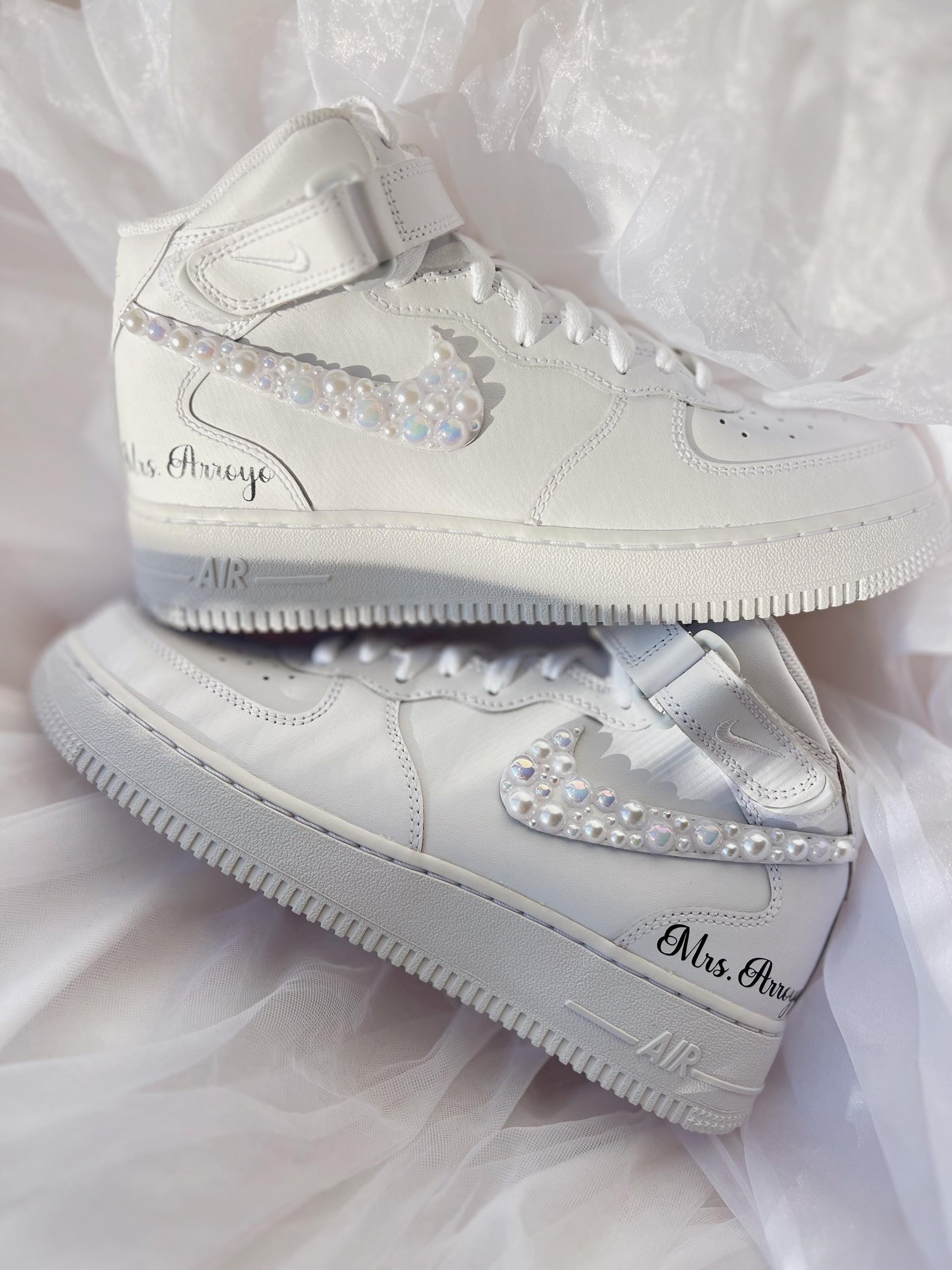 Custom Pearl Bridal Sneakers: Personalized Wedding Air Force Mids