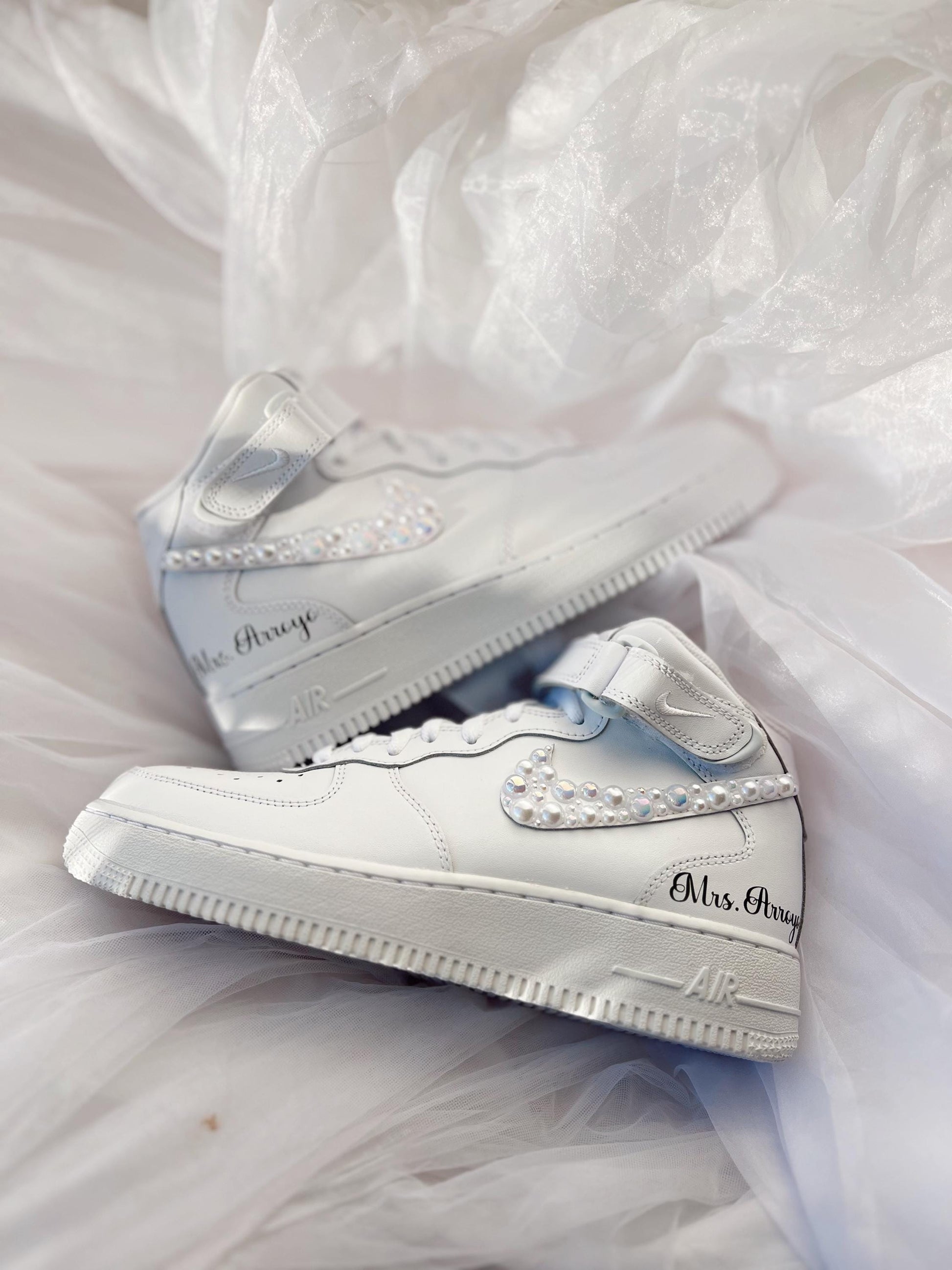 Custom Pearl Bridal Sneakers: Personalized Wedding Air Force Mids