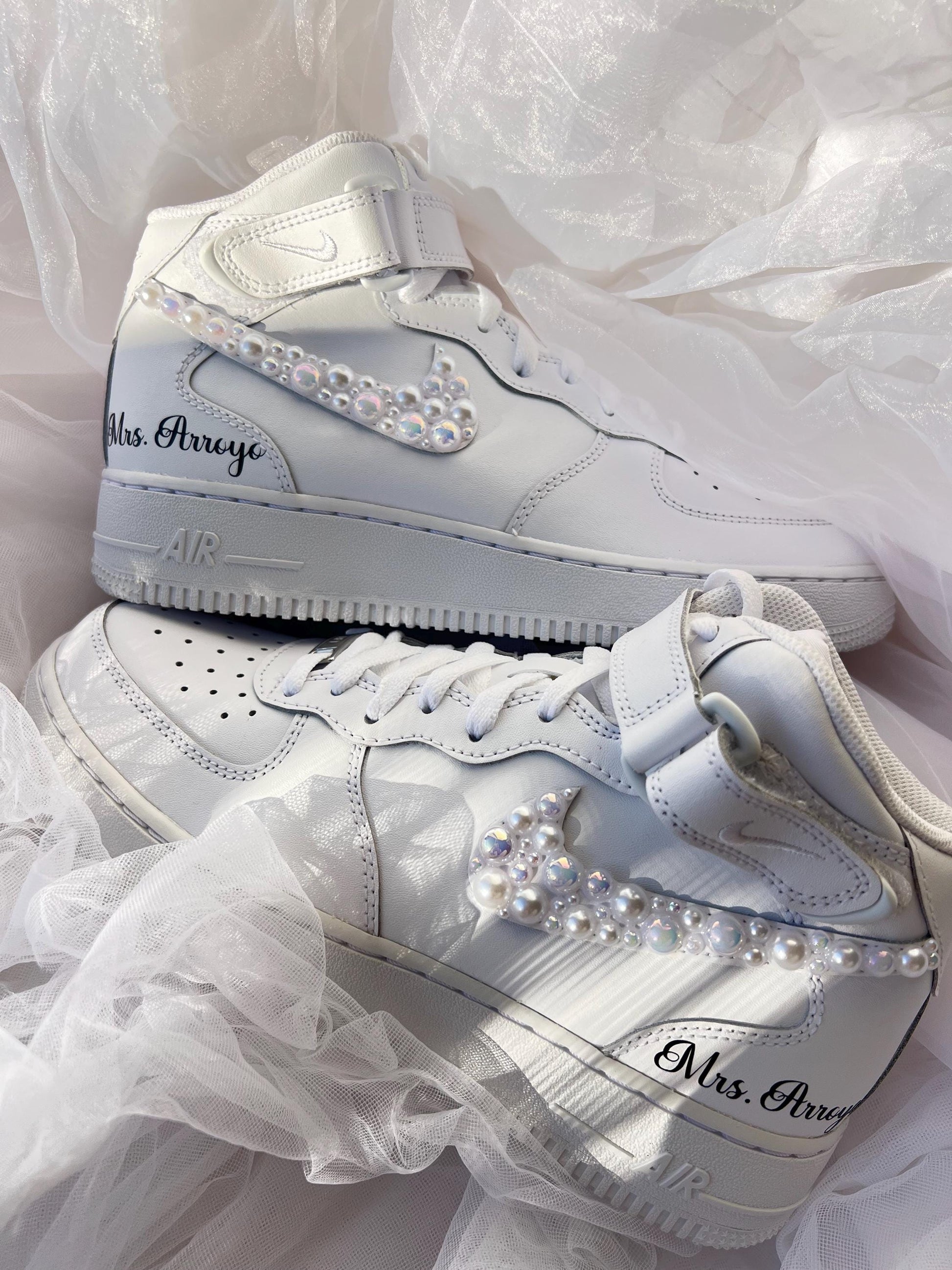 Custom Pearl Bridal Sneakers: Personalized Wedding Air Force Mids