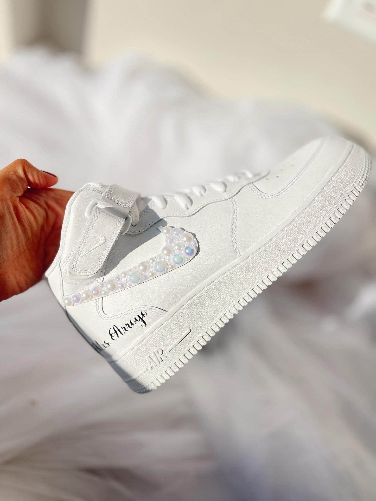 Custom Pearl Bridal Sneakers: Personalized Wedding Air Force Mids