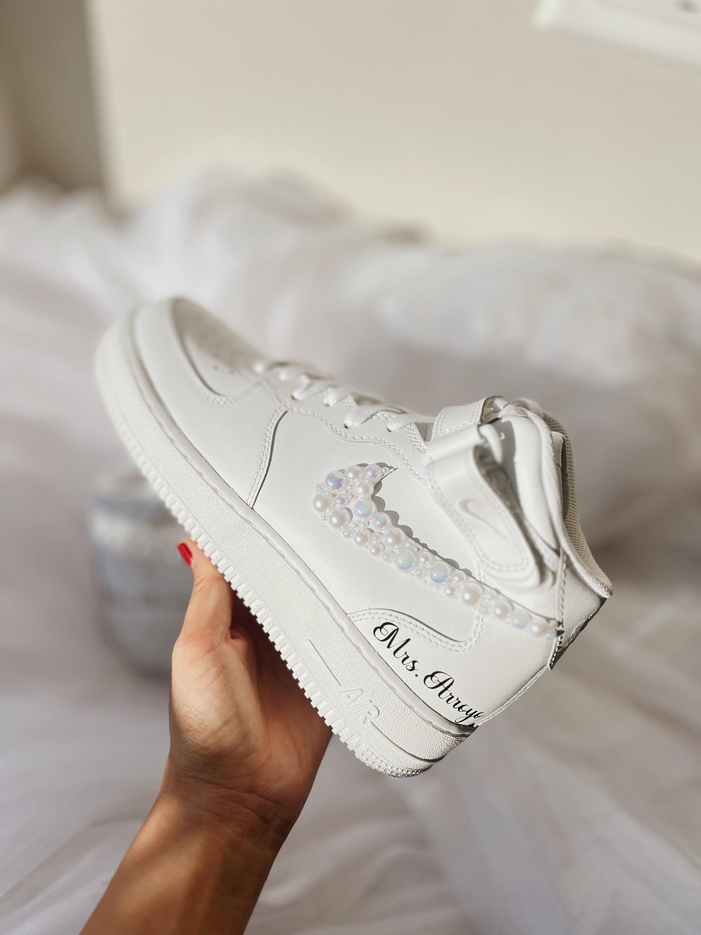 Custom Pearl Bridal Sneakers: Personalized Wedding Air Force Mids