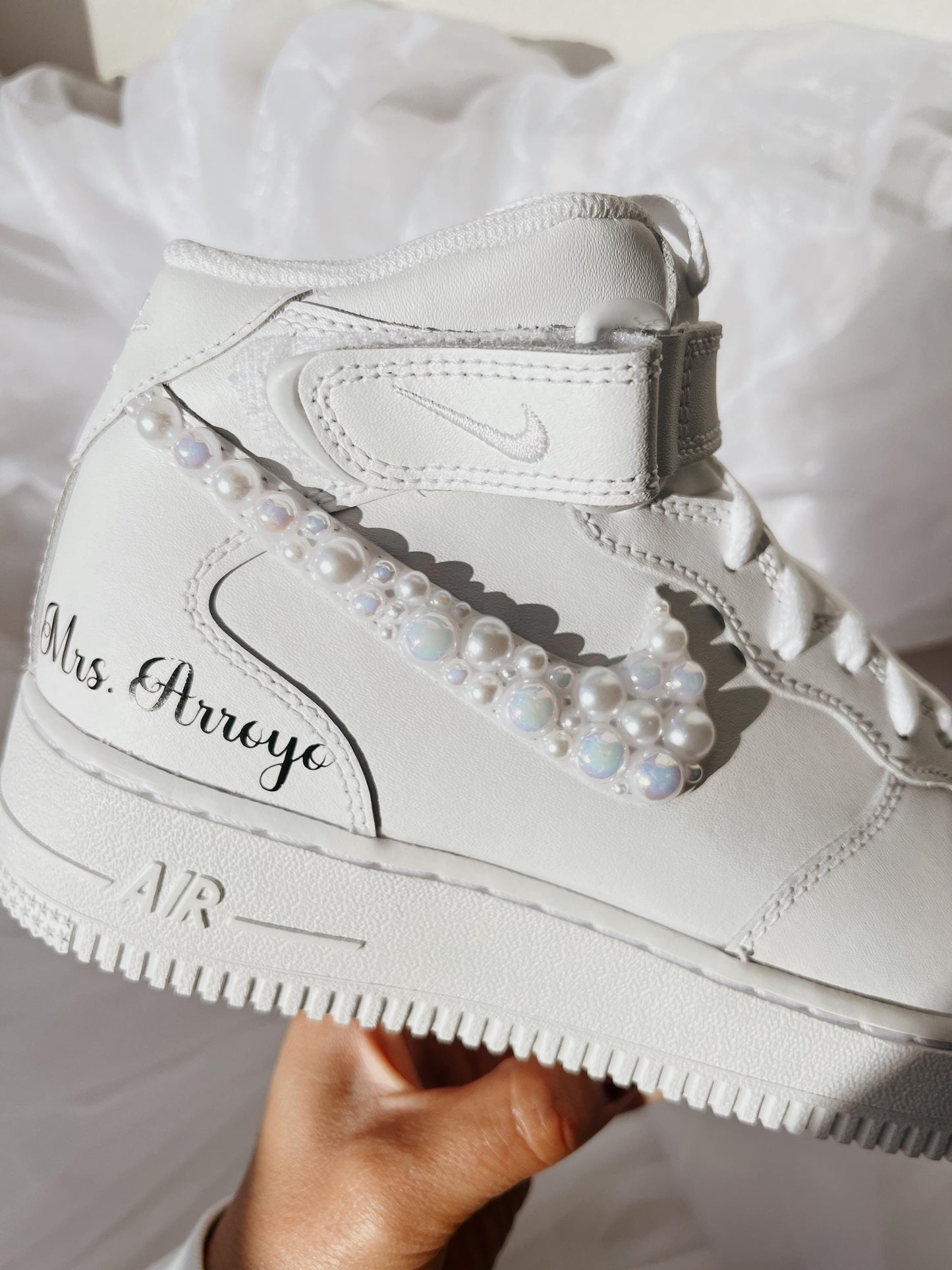 Custom Pearl Bridal Sneakers: Personalized Wedding Air Force Mids