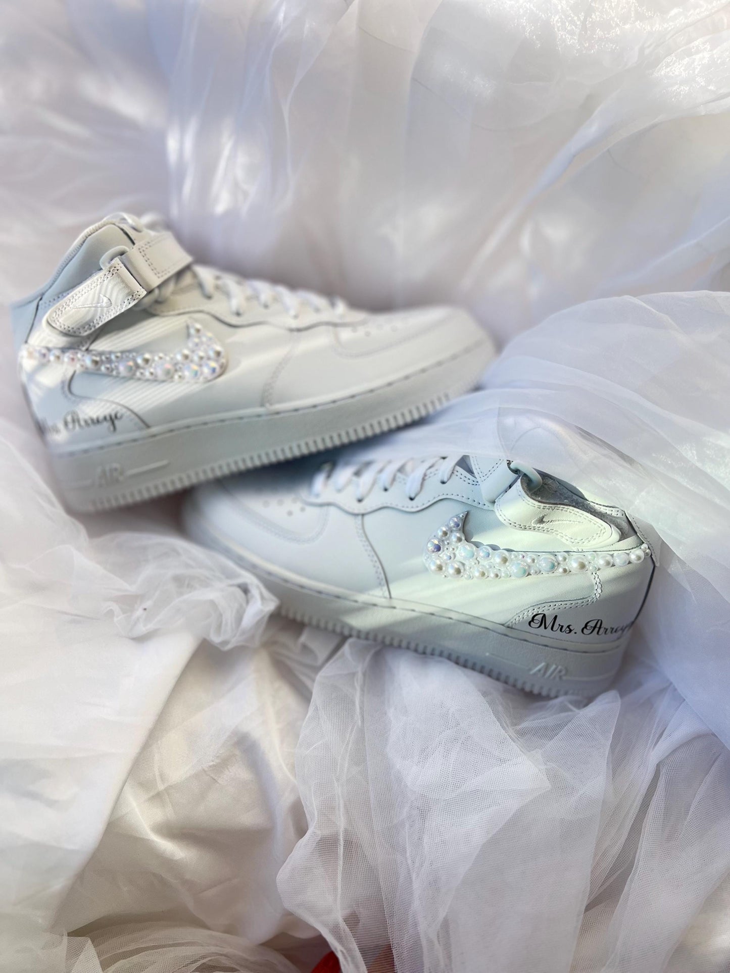 Custom Pearl Bridal Sneakers: Personalized Wedding Air Force Mids