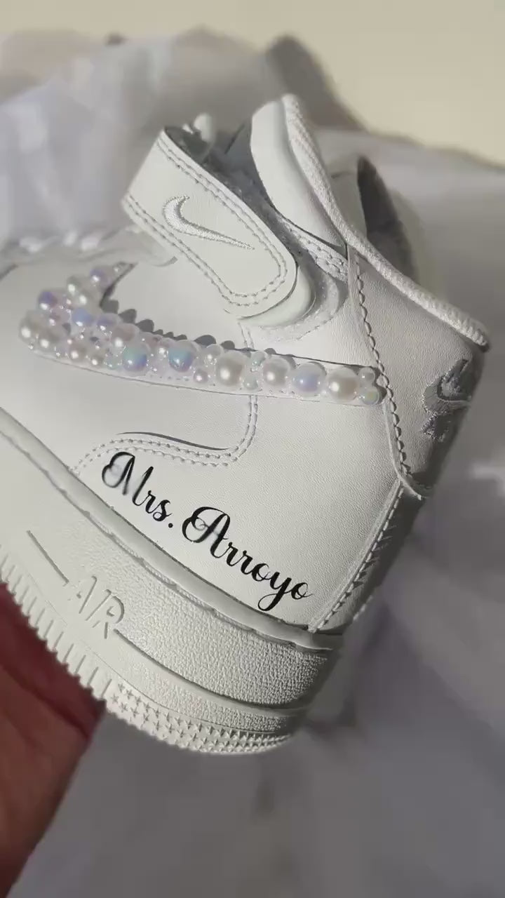 Custom Pearl Bridal Sneakers: Personalized Wedding Air Force Mids